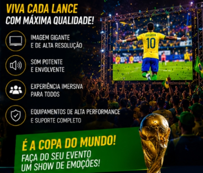 Aluguel de Painel de LED, Projetor, Totem de Credenciamento, Totem Interativo e TVs de Grande Formato para Transmissão dos Jogos da Copa do Mundo no Rio de Janeiro e São Paulo